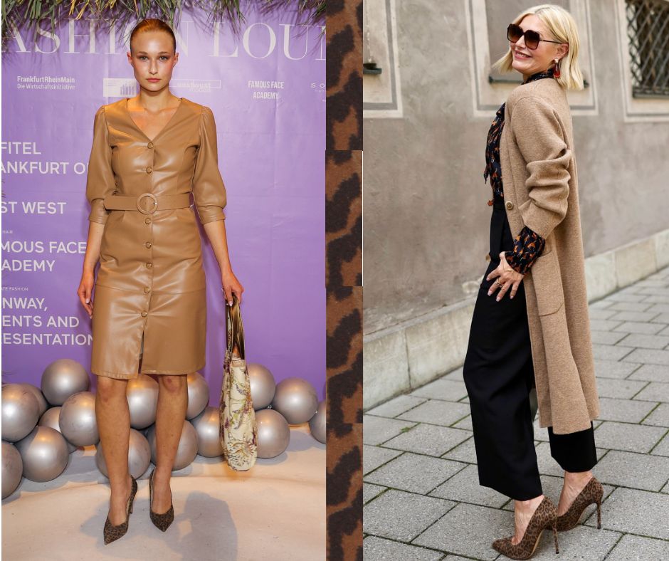 Petra Dieners und ein Model kombinieren beige Outfits mit den leofarbenen Punps Gloriellas Wild Leo